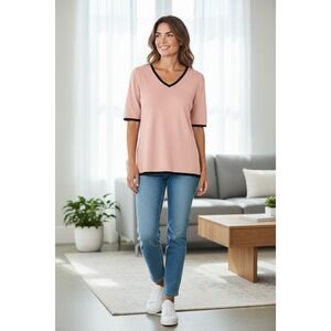 Talbots Petites Pink V Neck Short Sleeve Knit Sweater Top‎ Black Trim PM